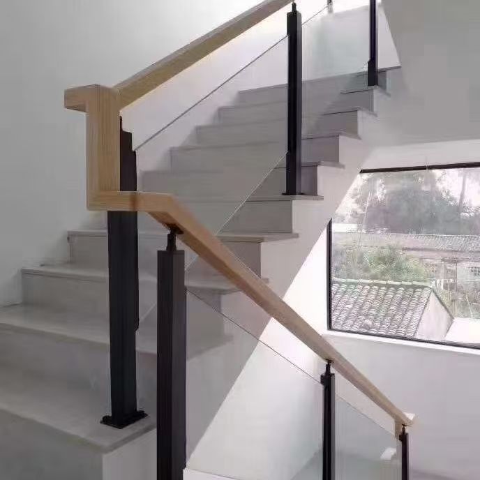 semi frameless glass railing with external glass clamps, post glass railing, outer slot post semi frameless glass railing with external glass clamps, post glass railing, outer slot post